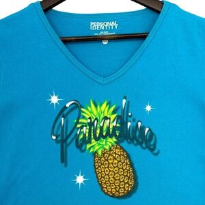 VTG Y2K Personal Identity Paradise Pineapple Graphic V-Neck T-Shirt Blue XXL